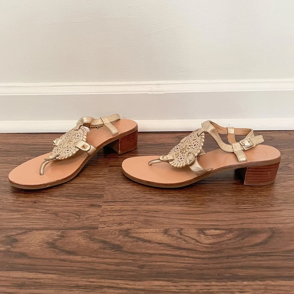 Jack Rogers Gretchen Block Heel Sandals Sz 7 Gold Leather